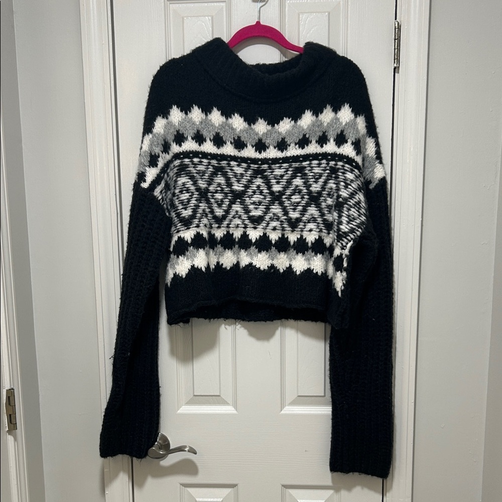 Free People Black and White Fair Isle Cropped Sweater